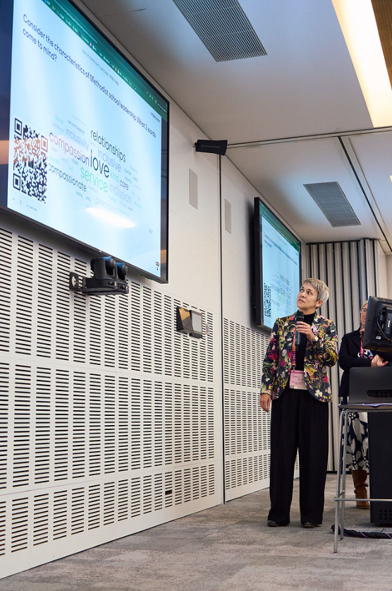 Emma Pavey examines the word cloud created by conference attendees during her presentation on research for a Methodist Christian Leadership programme for School leaders. 