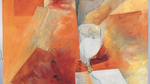 Abstract painting of a wine glass with geometric shapes.