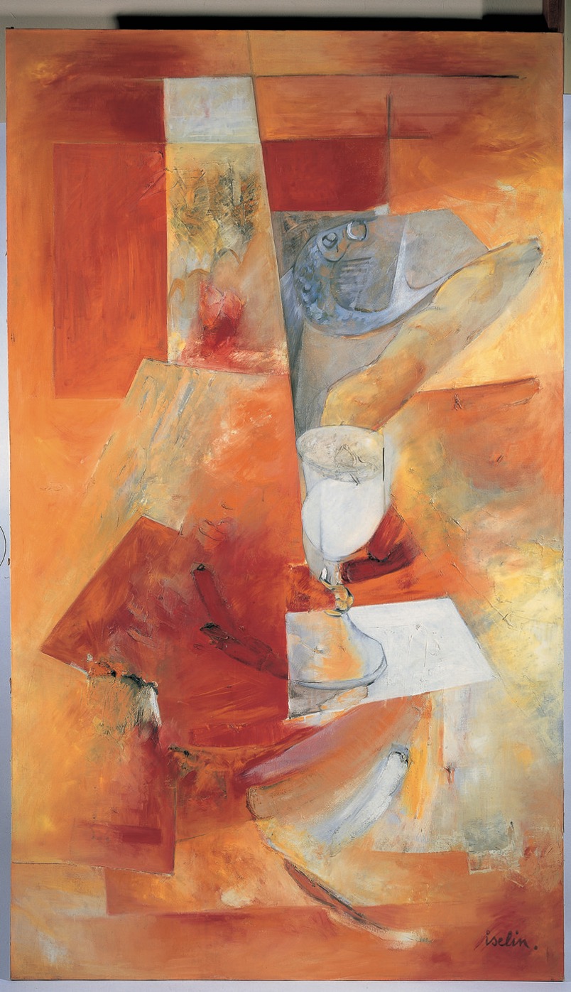 Abstract painting of a wine glass with geometric shapes.