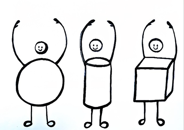 Three stick figures, one with a round body, one with a cylinder body and one with a cube body.