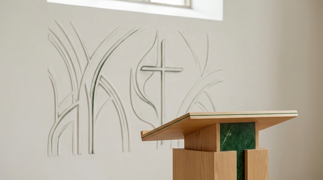 Image of pulpit with cross image behind on wall